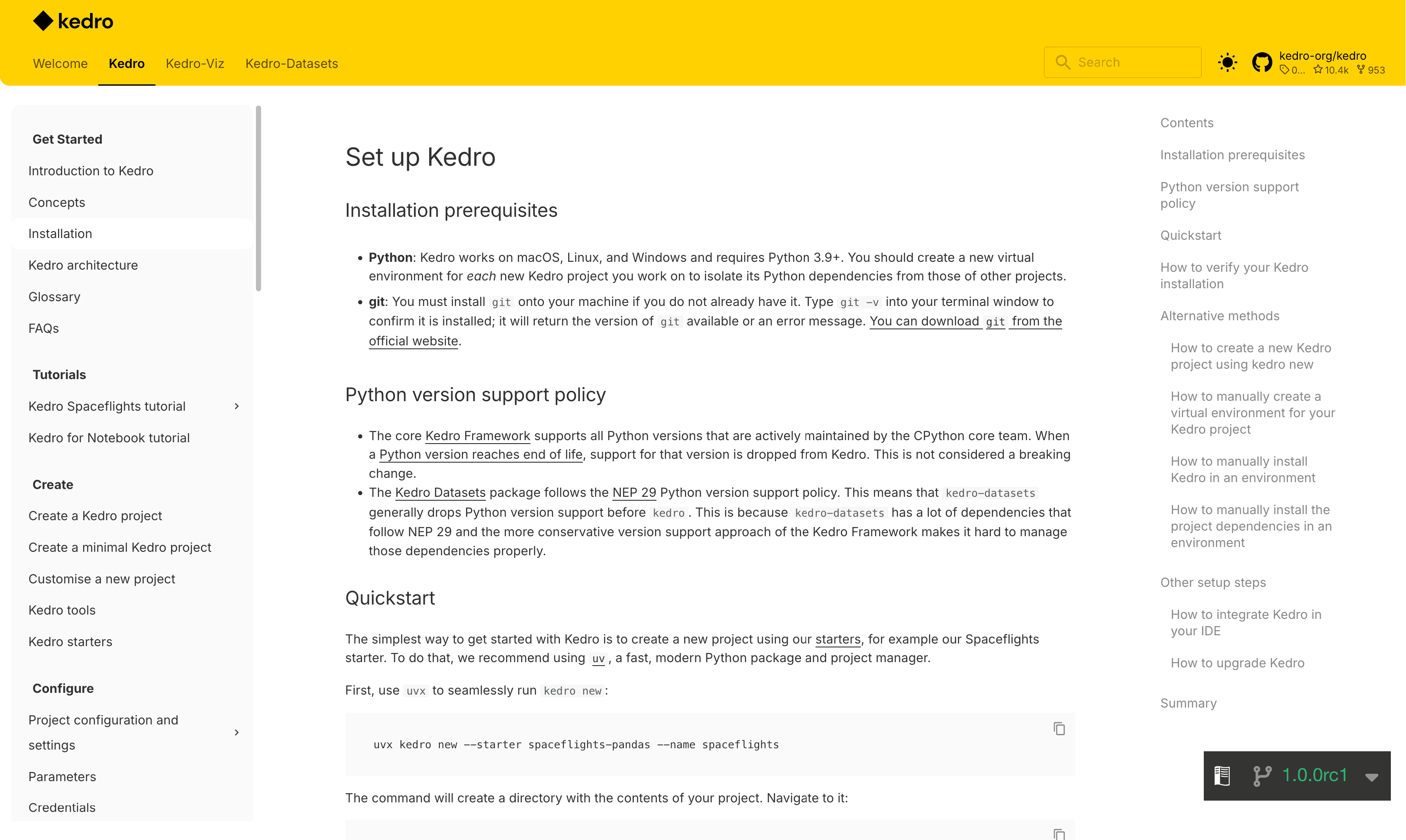 Screenshot of Kedro 1.0 docs